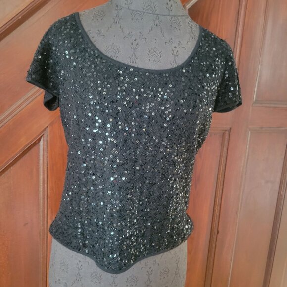 Talbots Collection Petite Black Sequin Short Sleeve Top Cashmere Silk Size M - Picture 1 of 6